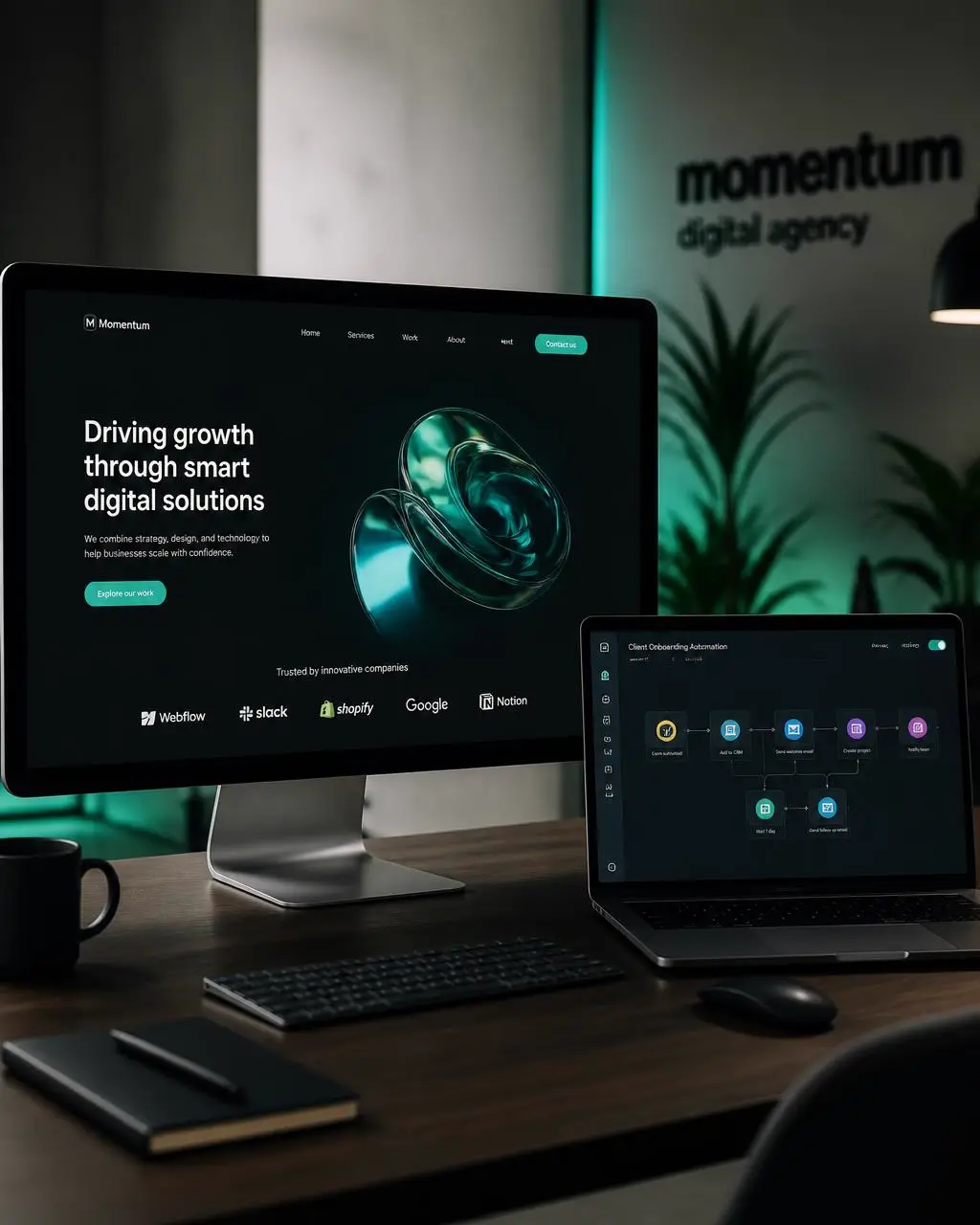 Écran présentant un site web et un flux d'automatisation créés par la branche SO de REZO